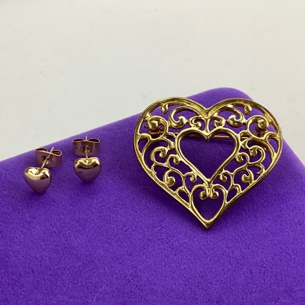 💛 Vintage Gold Tone Heart Brooch & Heart Earrings Set | Openwork Design